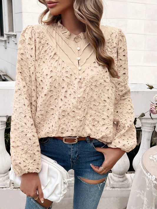 Fall Blouses- Fall Women's Textured Eyelet Blouse with Lantern Sleeves- Apricot- IndioGear.com