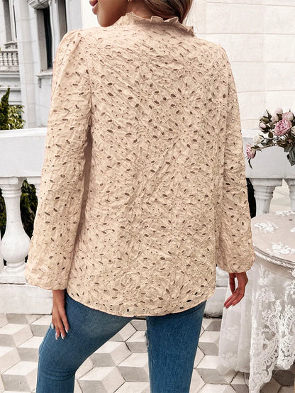 Fall Blouses- Fall Women's Textured Eyelet Blouse with Lantern Sleeves- - IndioGear.com