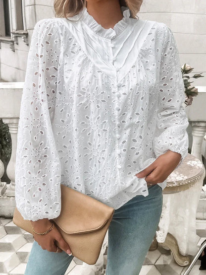 Fall Blouses- Fall Women's Textured Eyelet Blouse with Lantern Sleeves- - IndioGear.com