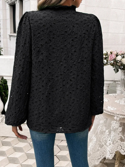 Fall Blouses- Fall Women's Textured Eyelet Blouse with Lantern Sleeves- - IndioGear.com