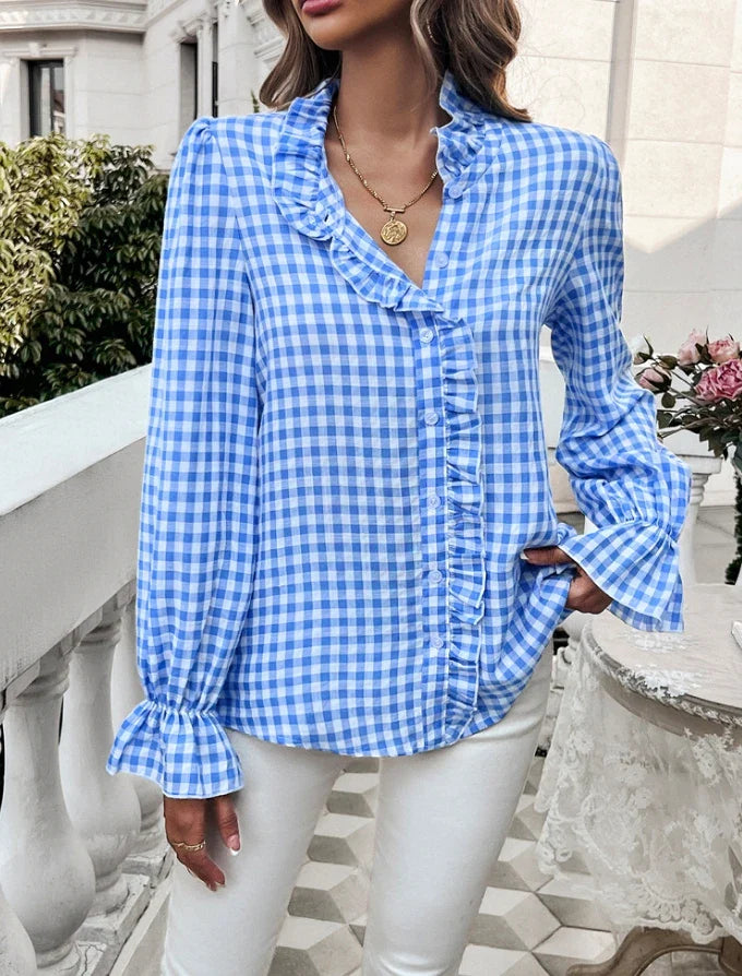 Fall Blouses- Gingham Ruffle Long Sleeve Button-Up Blouse for Everyday Elegance- Blue- IndioGear.com