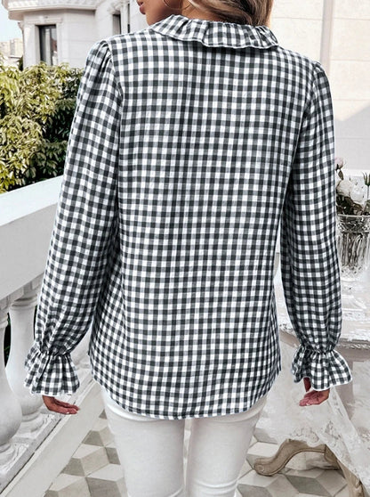 Fall Blouses- Gingham Ruffle Long Sleeve Button-Up Blouse for Everyday Elegance- - IndioGear.com