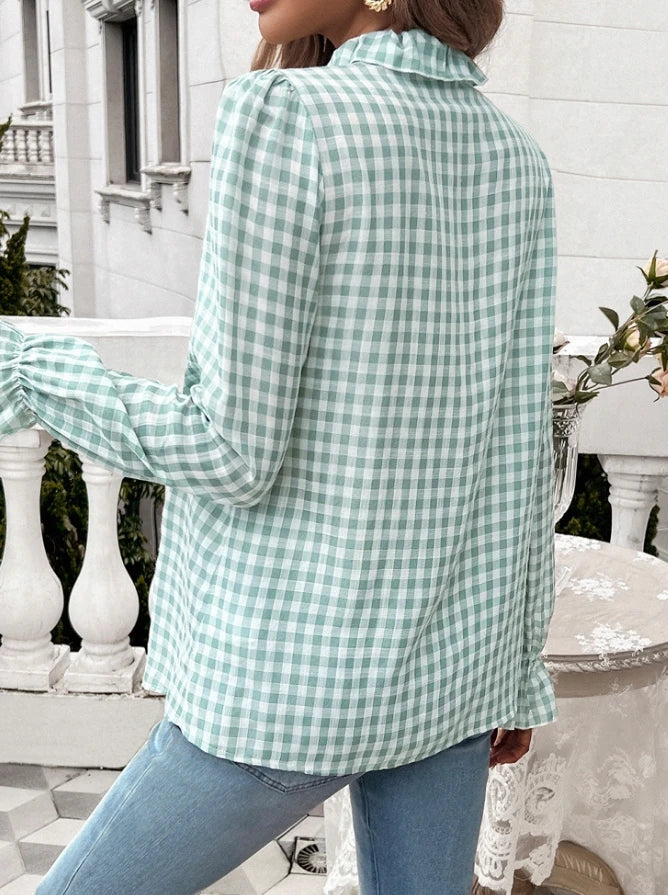 Fall Blouses- Gingham Ruffle Long Sleeve Button-Up Blouse for Everyday Elegance- - IndioGear.com