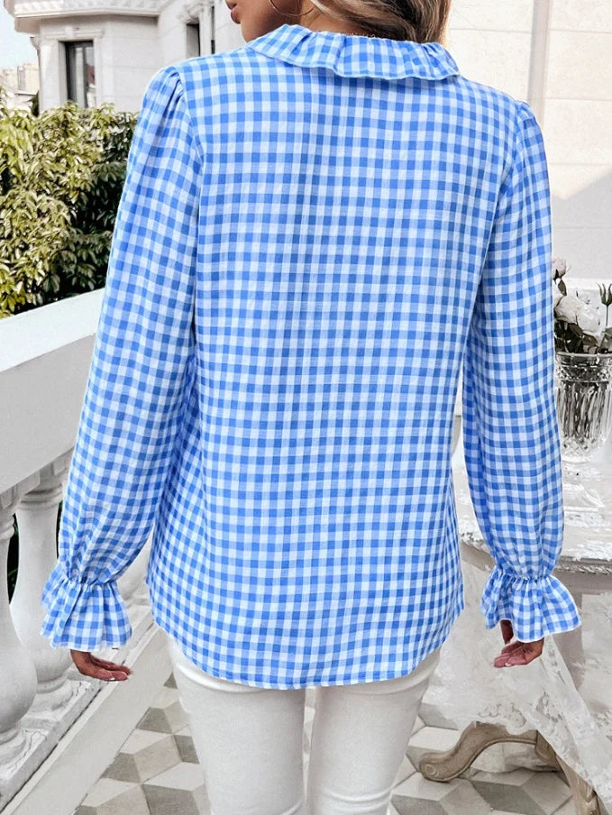 Fall Blouses- Gingham Ruffle Long Sleeve Button-Up Blouse for Everyday Elegance- - IndioGear.com