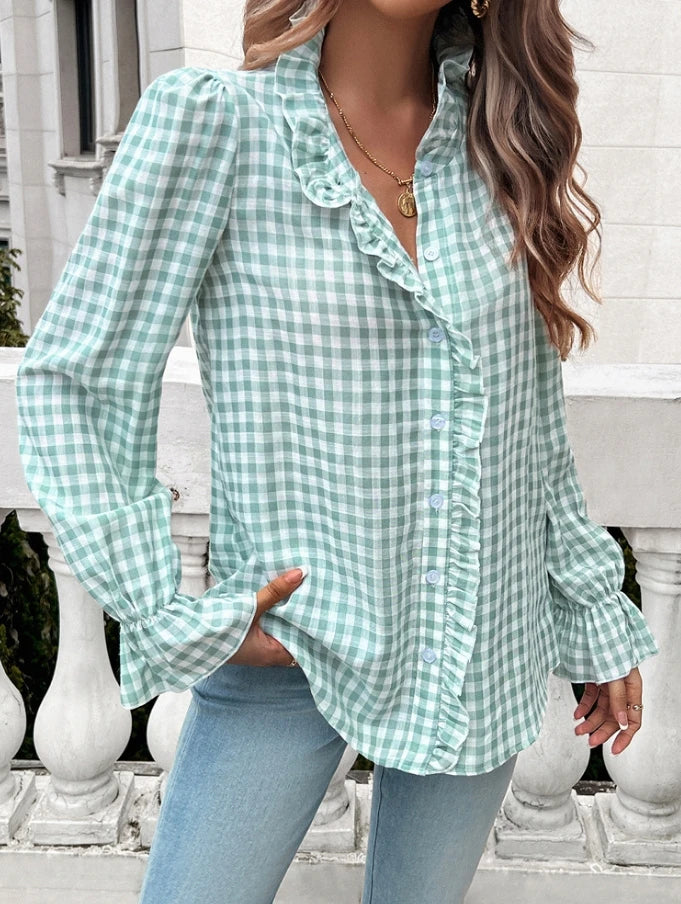 Fall Blouses- Gingham Ruffle Long Sleeve Button-Up Blouse for Everyday Elegance- Green- IndioGear.com