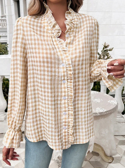 Fall Blouses- Gingham Ruffle Long Sleeve Button-Up Blouse for Everyday Elegance- Apricot- IndioGear.com