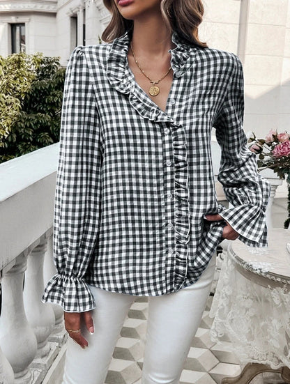 Fall Blouses- Gingham Ruffle Long Sleeve Button-Up Blouse for Everyday Elegance- Black- IndioGear.com