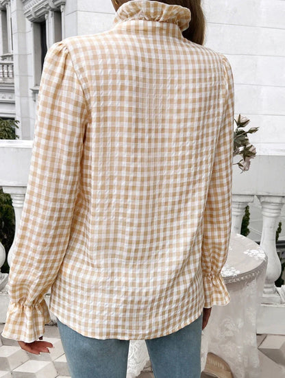 Fall Blouses- Gingham Ruffle Long Sleeve Button-Up Blouse for Everyday Elegance- - IndioGear.com