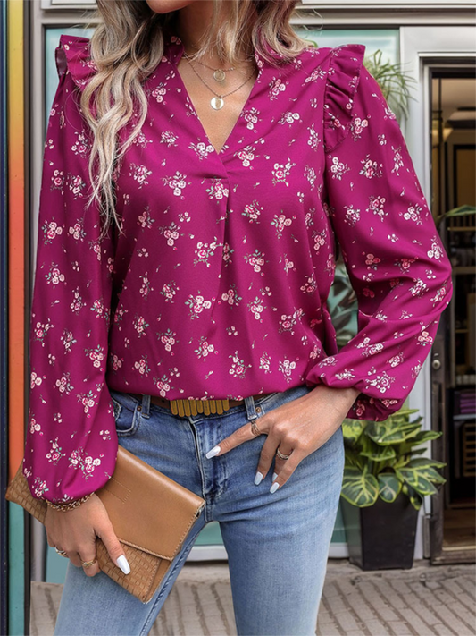 Fall Blouses- Women Floral Lantern Sleeve Blouse - V-Neck Fall Top- Rose- IndioGear.com