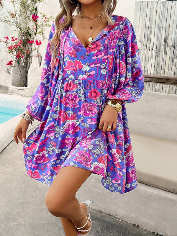 Fall Boho Dresses- Spring Floral Women's A-Line Lantern Sleeve Dress- - IndioGear.com