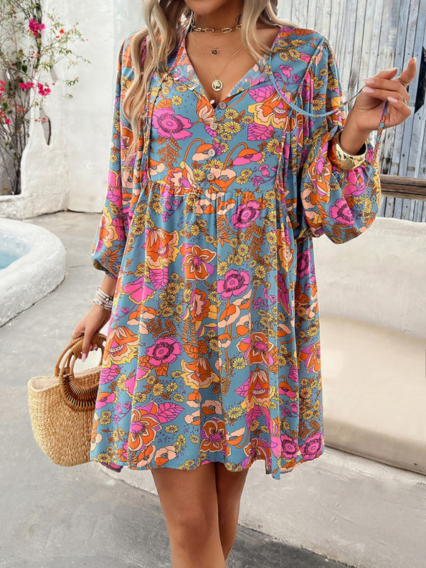 Fall Boho Dresses- Spring Floral Women's A-Line Lantern Sleeve Dress- - IndioGear.com