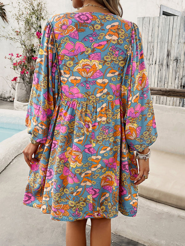 Fall Boho Dresses- Spring Floral Women's A-Line Lantern Sleeve Dress- - IndioGear.com