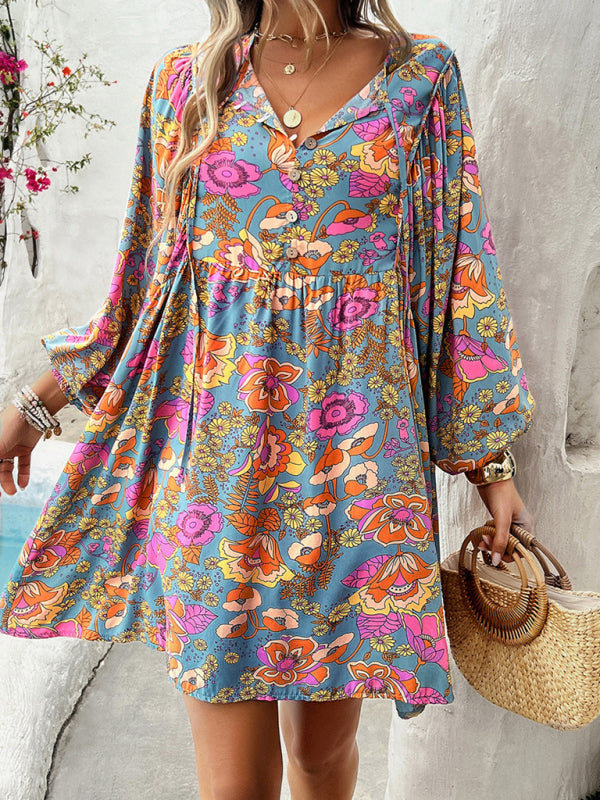 Fall Boho Dresses- Spring Floral Women's A-Line Lantern Sleeve Dress- - IndioGear.com