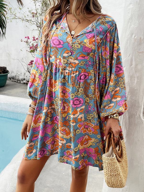 Fall Boho Dresses- Spring Floral Women's A-Line Lantern Sleeve Dress- Blue- IndioGear.com