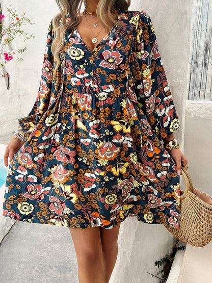 Fall Boho Dresses- Spring Floral Women's A-Line Lantern Sleeve Dress- Black- IndioGear.com