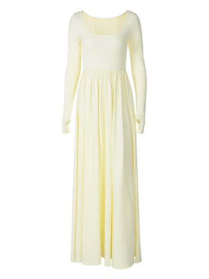 Fall Dresses- Autumn Empire Waist Pleated Maxi Dress- Light Yellow- IndioGear Women Clothing