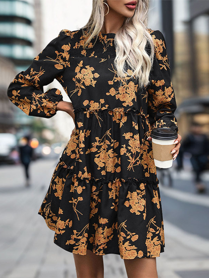 Fall Dresses- Autumn Floral A-Line Dress with Lantern Sleeves for Social Events- - IndioGear.com