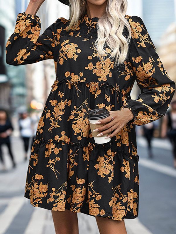 Fall Dresses- Autumn Floral A-Line Dress with Lantern Sleeves for Social Events- - IndioGear.com