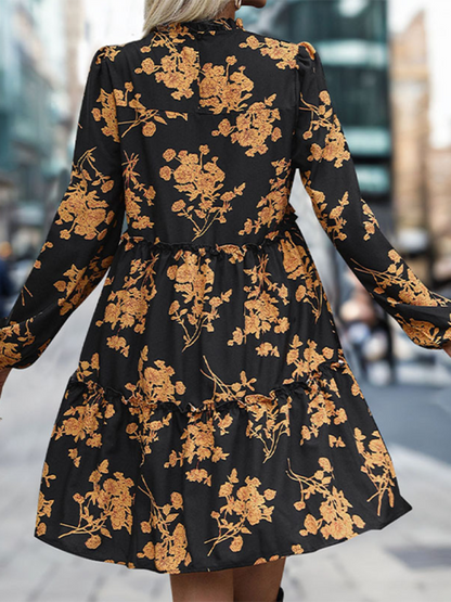 Fall Dresses- Autumn Floral A-Line Dress with Lantern Sleeves for Social Events- - IndioGear.com