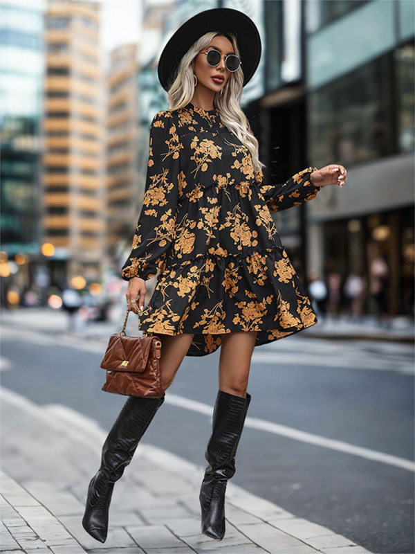 Fall Dresses- Autumn Floral A-Line Dress with Lantern Sleeves for Social Events- - IndioGear.com