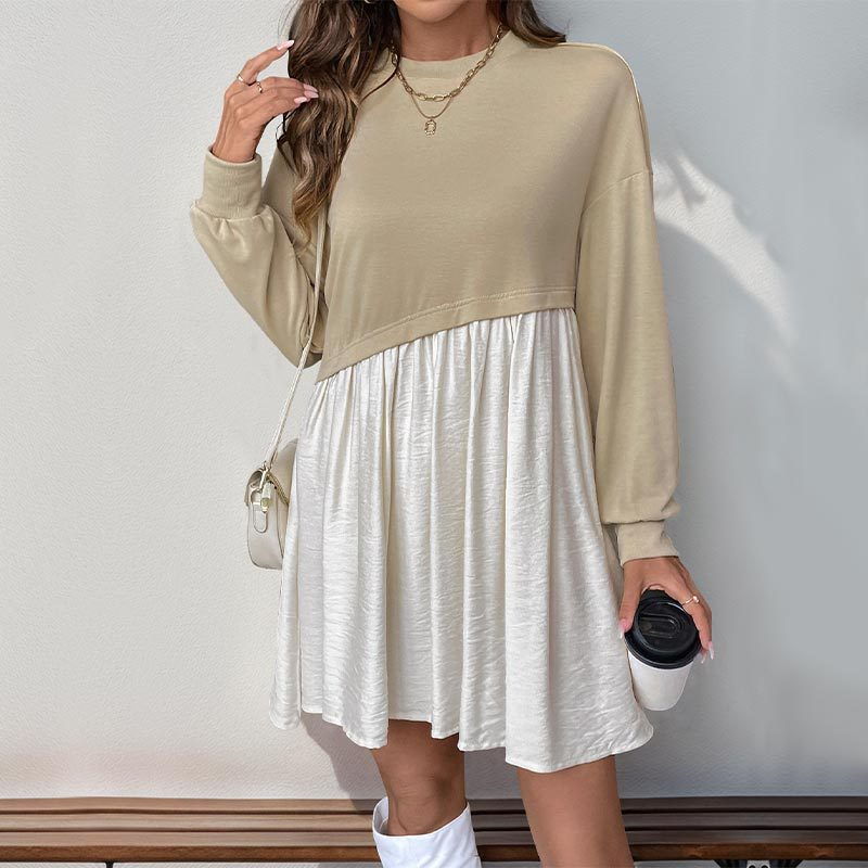 Fall Dresses- Patchwork Long Sleeve Casual Dress for Fall- - IndioGear.com