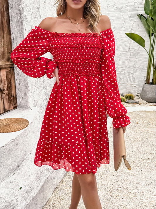 Fall Dresses- Polka Dot A-Line Off-Shoulder Dress for Cocktail Parties- Red- IndioGear.com