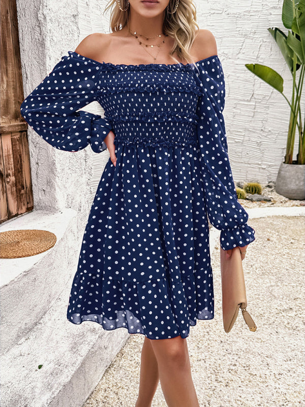 Fall Dresses- Polka Dot A-Line Off-Shoulder Dress for Cocktail Parties- - IndioGear.com