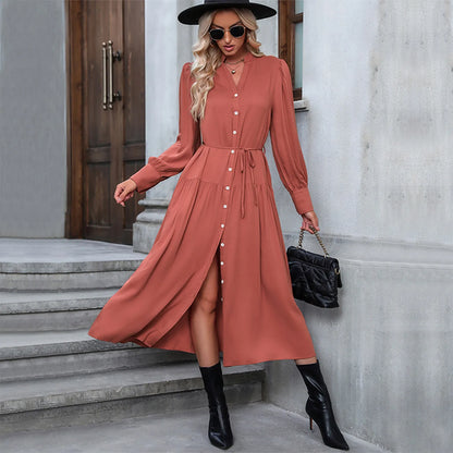 Fall Dresses- Solid Tiered Tie-Waist Midi Dress for Fall Family Gatherings- - IndioGear.com