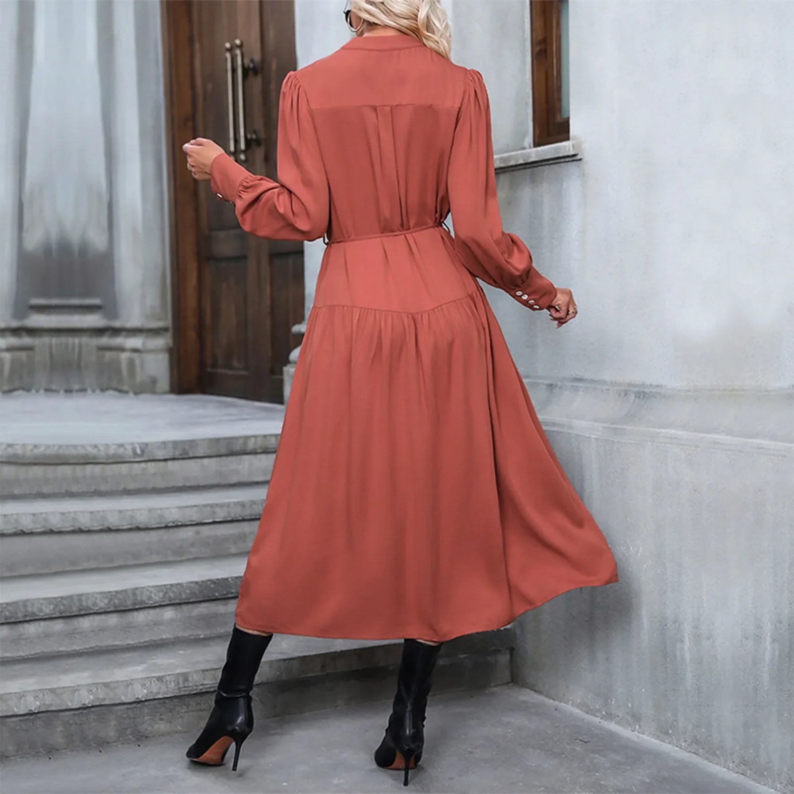 Fall Dresses- Solid Tiered Tie-Waist Midi Dress for Fall Family Gatherings- - IndioGear.com