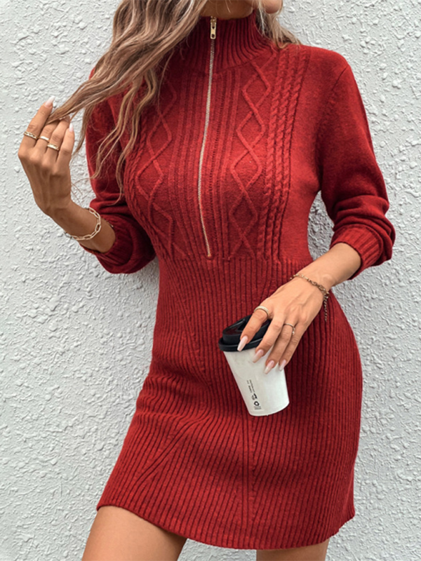 Fall Dresses- Women Red Knitted Zip-Front Dress - Ideal for Chilly Days- - IndioGear.com