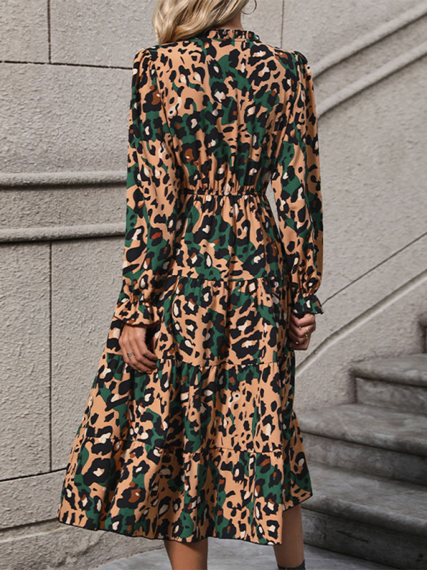 Fall Dresses- Women's Leopard Print Lantern Sleeve Midi Dress for Fall- - IndioGear.com