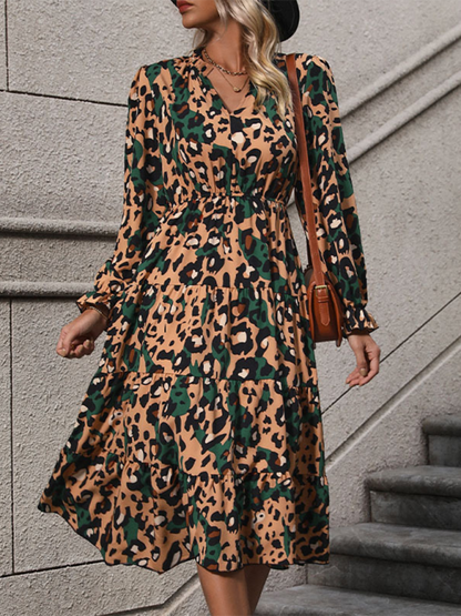 Fall Dresses- Women's Leopard Print Lantern Sleeve Midi Dress for Fall- - IndioGear.com