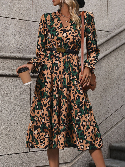 Fall Dresses- Women's Leopard Print Lantern Sleeve Midi Dress for Fall- - IndioGear.com