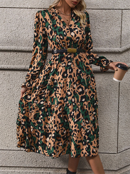 Fall Dresses- Women's Leopard Print Lantern Sleeve Midi Dress for Fall- - IndioGear.com