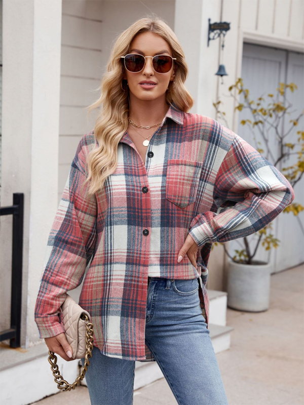 Fall Shirts- Autumn Essential Women's Plaid Flannel Shirt- Pink- IndioGear.com