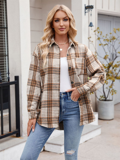 Fall Shirts- Autumn Essential Women's Plaid Flannel Shirt- caramel- IndioGear.com