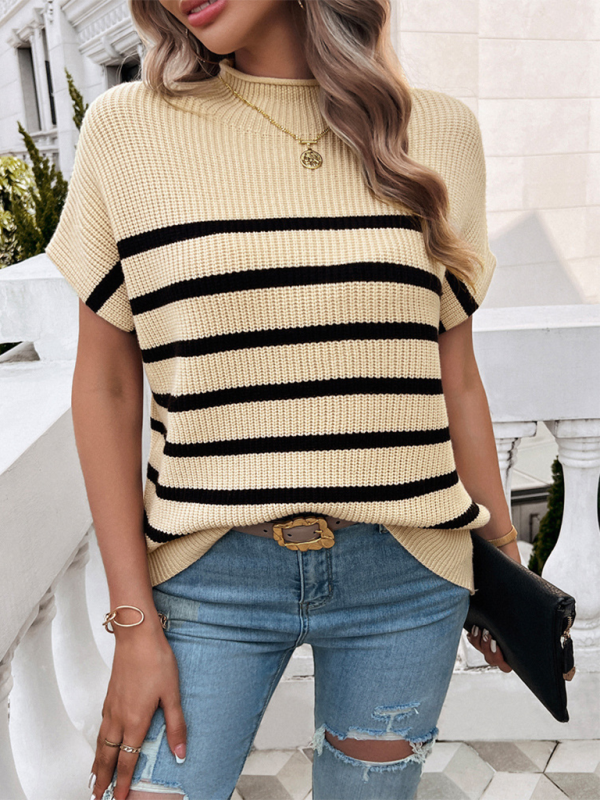 Fall Sweaters- Women's Fall Striped Knit High Neck Sweater Top- - IndioGear.com