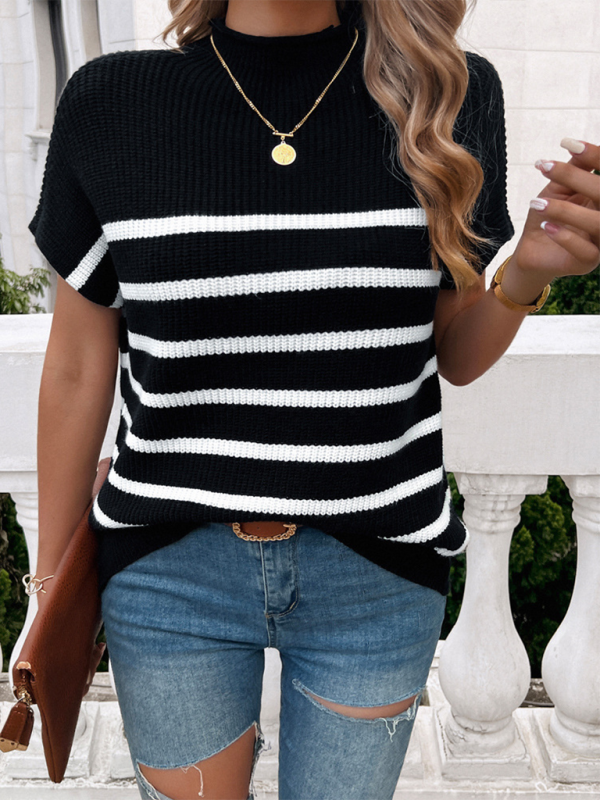 Fall Sweaters- Women's Fall Striped Knit High Neck Sweater Top- - IndioGear.com