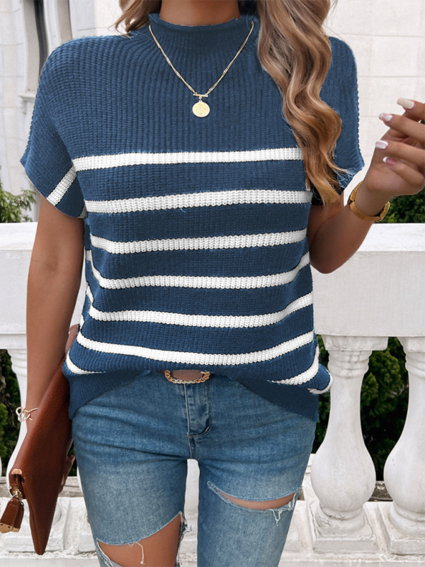 Fall Sweaters- Women's Fall Striped Knit High Neck Sweater Top- - IndioGear.com