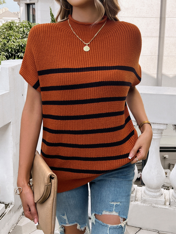 Fall Sweaters- Women's Fall Striped Knit High Neck Sweater Top- - IndioGear.com