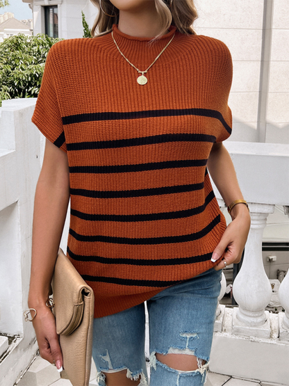 Fall Sweaters- Women's Fall Striped Knit High Neck Sweater Top- - IndioGear.com