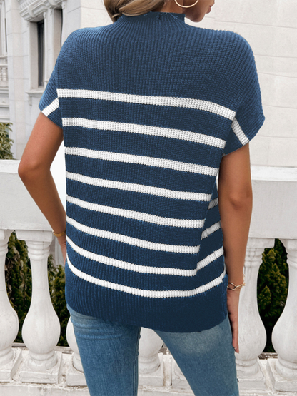 Fall Sweaters- Women's Fall Striped Knit High Neck Sweater Top- - IndioGear.com