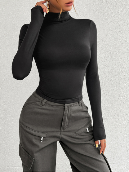 Fall Tees- Tailored Long Sleeve Turtleneck Crop Top- - IndioGear.com