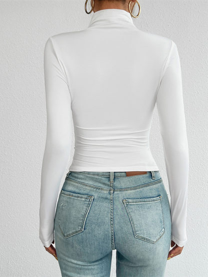 Fall Tees- Tailored Long Sleeve Turtleneck Crop Top- - IndioGear.com