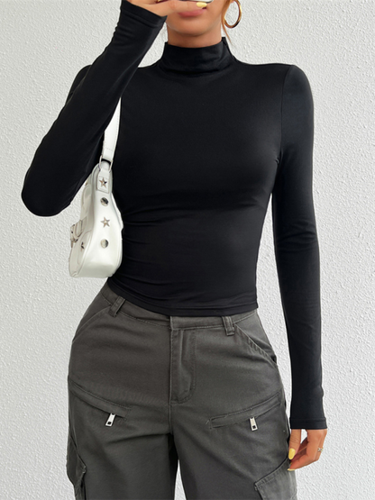 Fall Tees- Tailored Long Sleeve Turtleneck Crop Top- - IndioGear.com