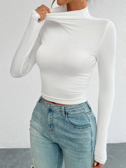 Fall Tees- Tailored Long Sleeve Turtleneck Crop Top- - IndioGear.com