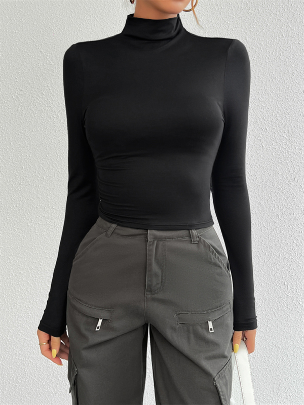 Fall Tees- Tailored Long Sleeve Turtleneck Crop Top- - IndioGear.com