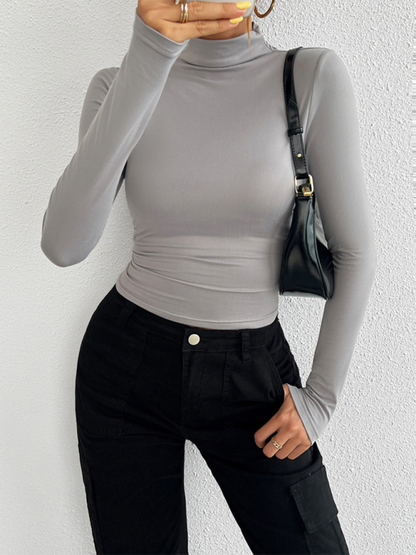 Fall Tees- Tailored Long Sleeve Turtleneck Crop Top- Grey- IndioGear.com