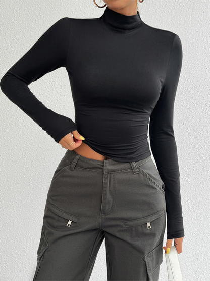 Fall Tees- Tailored Long Sleeve Turtleneck Crop Top- Black- IndioGear.com