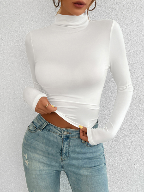 Fall Tees- Tailored Long Sleeve Turtleneck Crop Top- White- IndioGear.com